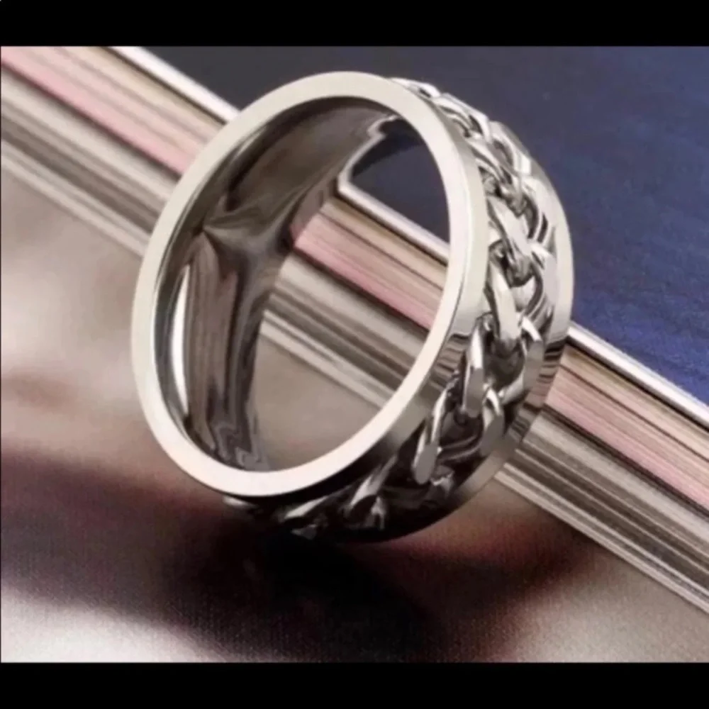 NEW Men’s Chain Spinner Fidget Ring Silver Stainless Steel Jewelry 8mm Wide
